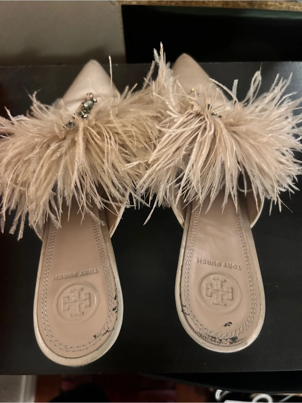Tory Burch Champagne Feather Jeweled Pointed Mules